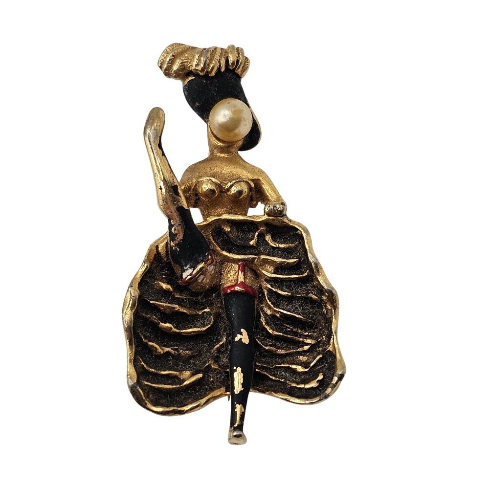 VTG Gold-Tone Enamel Painted Pearl Faced French Cabernet Cancan Dancer Brooch